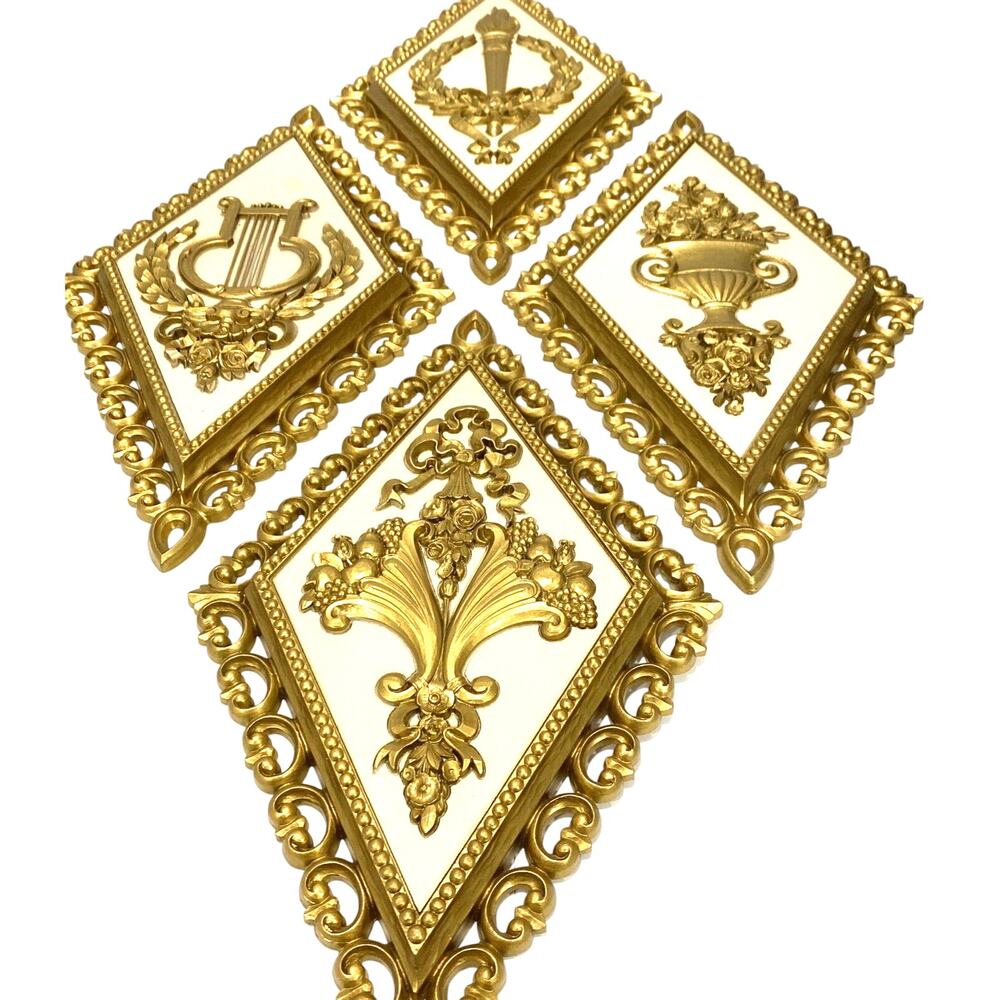 Vintage Homco Diamond Shaped Wall Hangings Set of 4 USA Gold & Cream Ornate